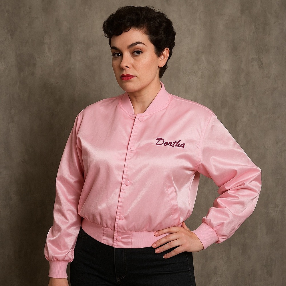 Vintage 80s Satins Pink‎ Satin Bomber Jacket Size M Dorhta Embroidered Name USA